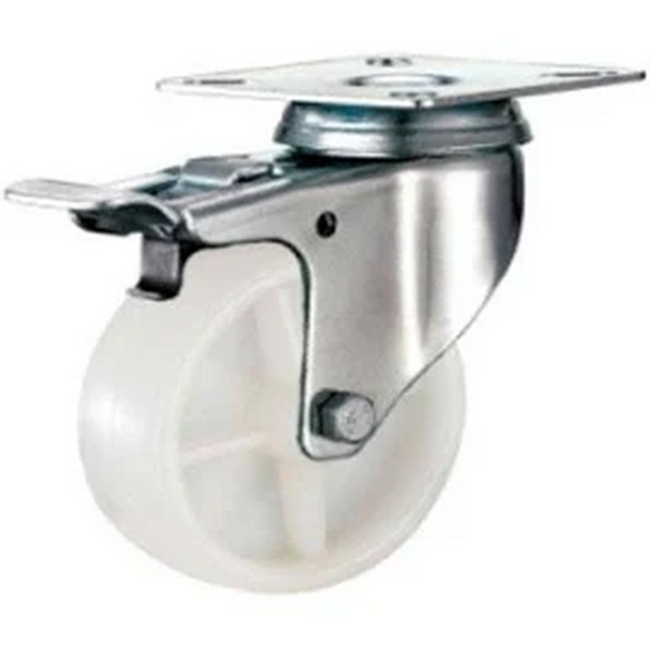 Castor Wheels - Polypropylene - Top Plate Swivel - Brake - White -125mm - TOOC423