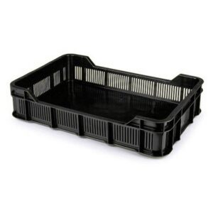 Stack Crate – Plastic Box – Solid Base and Vented Sides – 53 x 35.5 x 11.5 cm – Recycled Material – Black – PI-430-SolidB-black