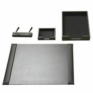Executive Leather Desk Set – Letter Tray, Desk Pad, Double Pen Stand – Memo Pad Tray – Black – LEA651BL