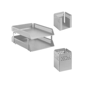 Desk Set – Round Perforated Steel Range – Metal – Letter Tray, Pencil Cube and Cup – Silver – 812SI