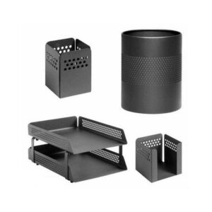 Desk Set – Round Perforated Steel Range – Metal – Letter Tray, Waste Bin, Pencil Cube and Cup – Colour Options – 810BL