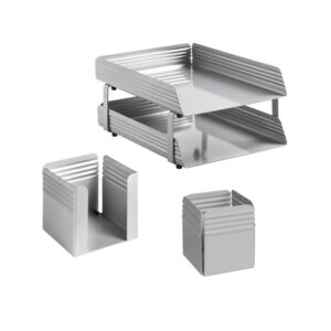 Desk Set – Fluted Steel Range – Metal – Letter Tray – Pencil Cube and Cup – Silver – 514SI