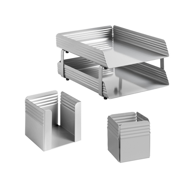Desk Set - Fluted Steel Range - Metal - Letter Tray - Pencil Cube and Cup - Silver - 514SI