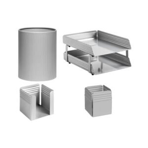 Desk Set – Fluted Steel Range – Metal – Letter Tray – Waste Bin – Pencil Cube and Cup – Silver – 513SI