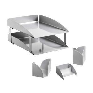Desk Set – Modern Steel Range – Metal – Letter Tray – Business Card Holder – Pencil Cube and Cup – Silver – 411SI
