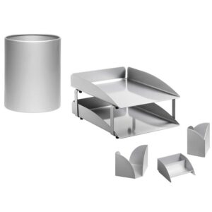 Desk Set – Modern Steel Range – Metal – Letter Tray – Waste Bin – Business Card Holder – Pencil Cube and Cup – Silver – 410SI