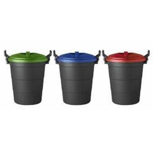 70L Dust Bin – Plastic – Black Bin With Coloured Lids – Set of 3