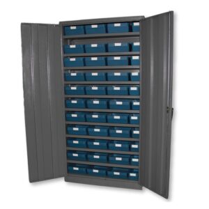 Grey Steel Cabinet – Plastic Shelf Bins – Blue Storage Container Kit – 1800 (H) x 900 (W) x 450 (D) mm