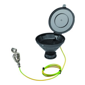SCAT Funnel with lid “MARCO”, V2.0, S55, PE-HD electrostatic conductive, 140 mm, with removable sieve and earthing cable