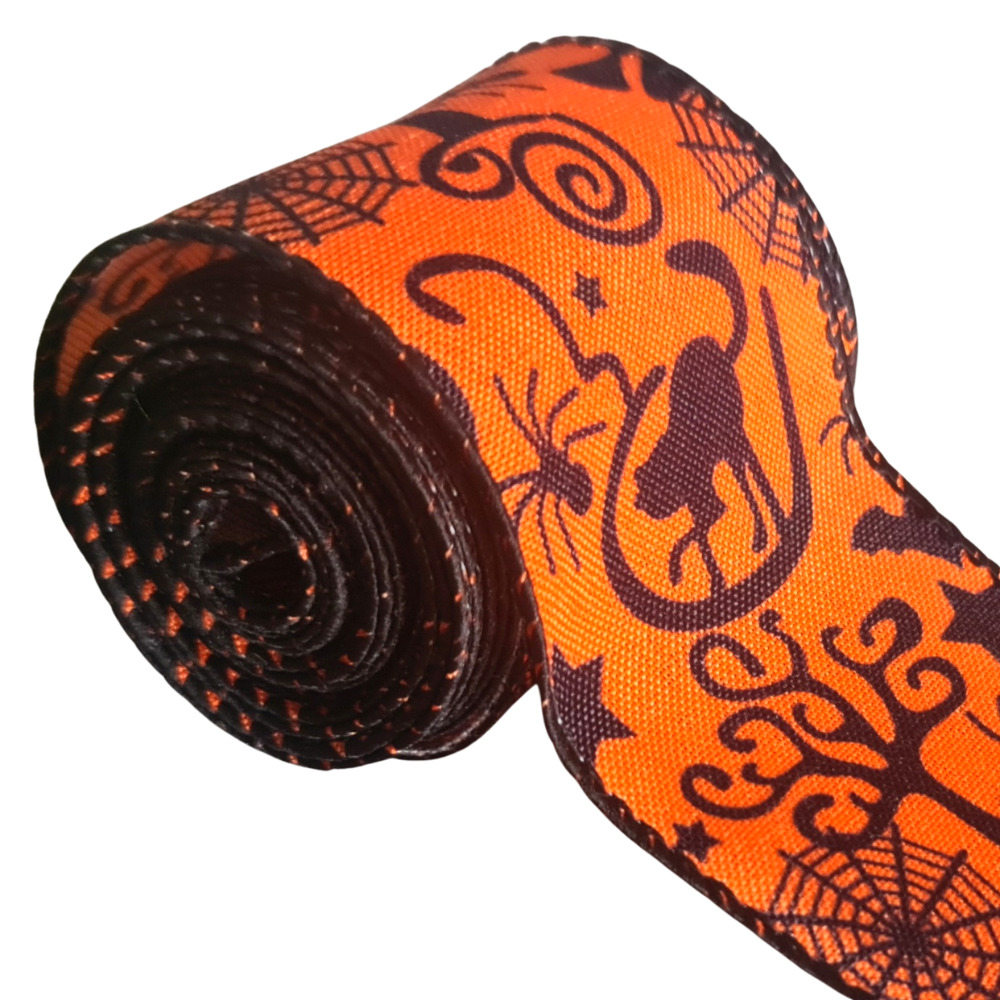 Halloween Ribbon with wired edge – Orange Black-Bird